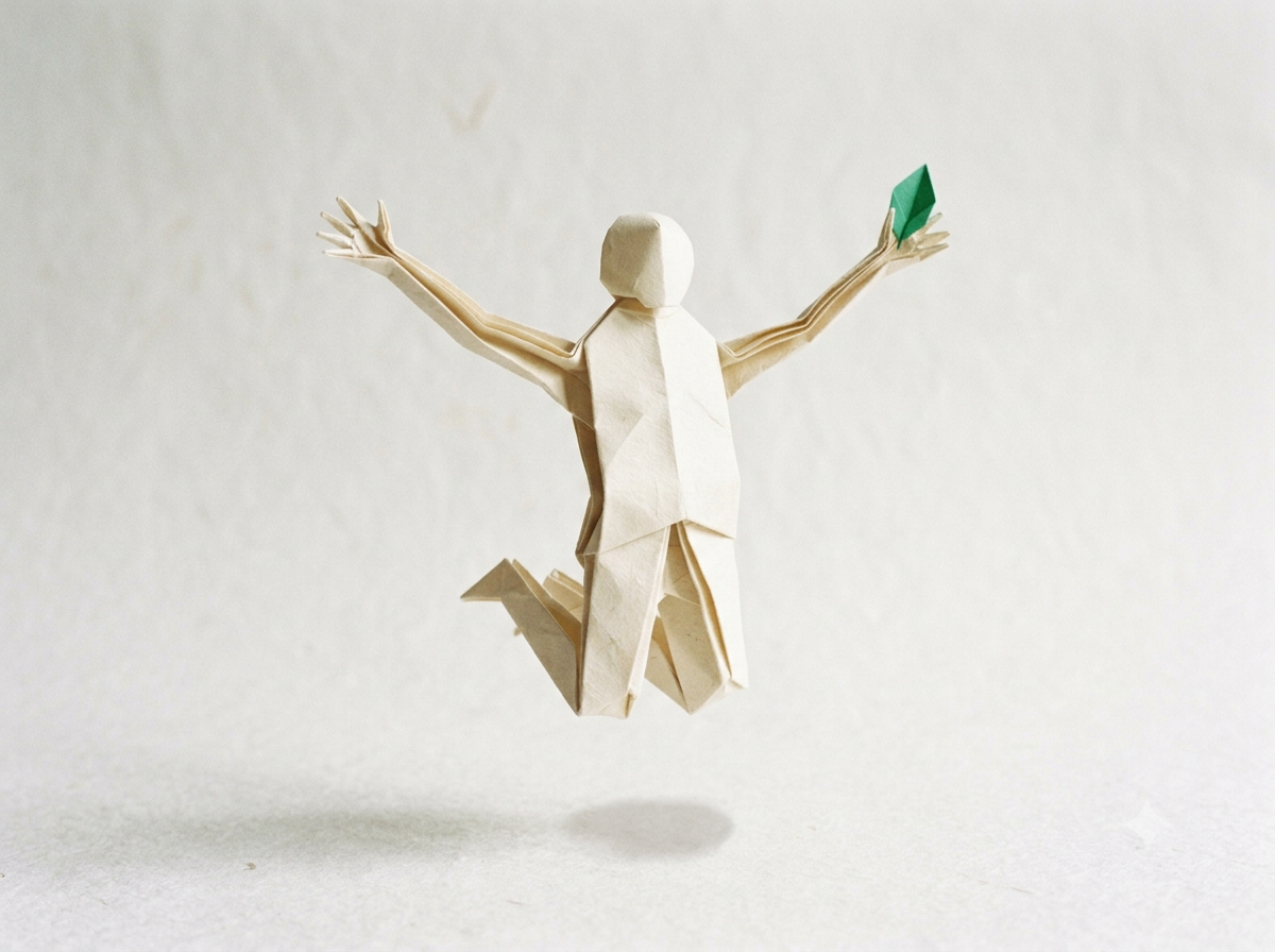 Origami-Figur springend als Symbol für Jonas: Aufbruch, Freiheit